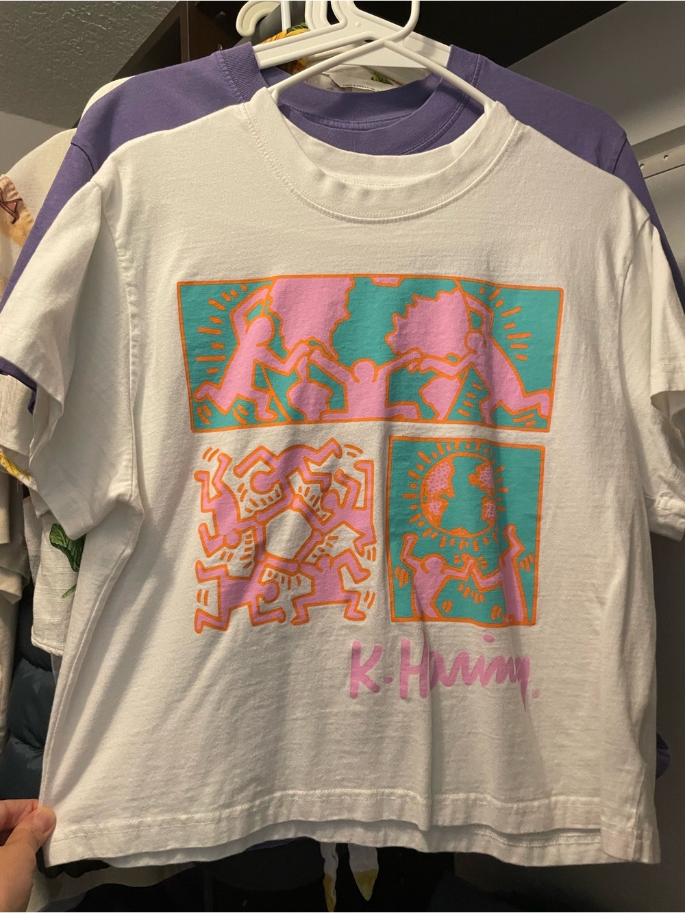 GAP Keith Harring White Tee with Pink, Teal & Orange Graphic